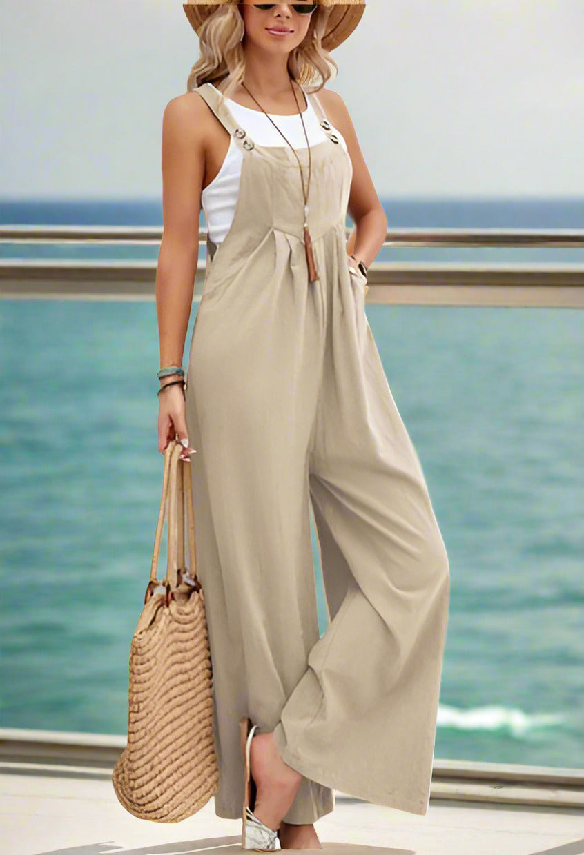 Women's Khaki Wide-legged pleated overalls bring a fun and easygoing vibe to your wardrobe, making them an ideal pick for any laid-back outing, day or night.