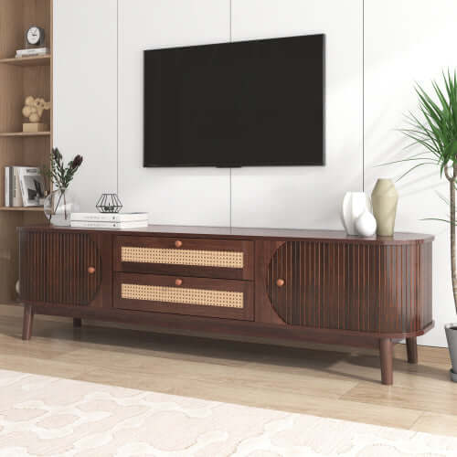Rustic Rattan Entertainment Unit for TVs up to 75 inches, featuring warm wood tones and spacious storage.