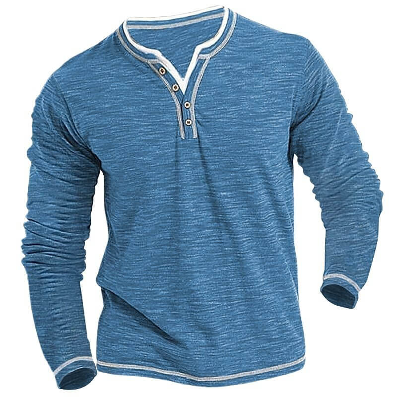 Men's Comfortable Soft Stretch Henley T-shirt in blue with a classic button-up collar and long sleeves.