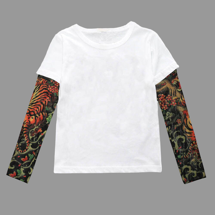 White long-sleeve shirt with colorful sleeve designs on a white background