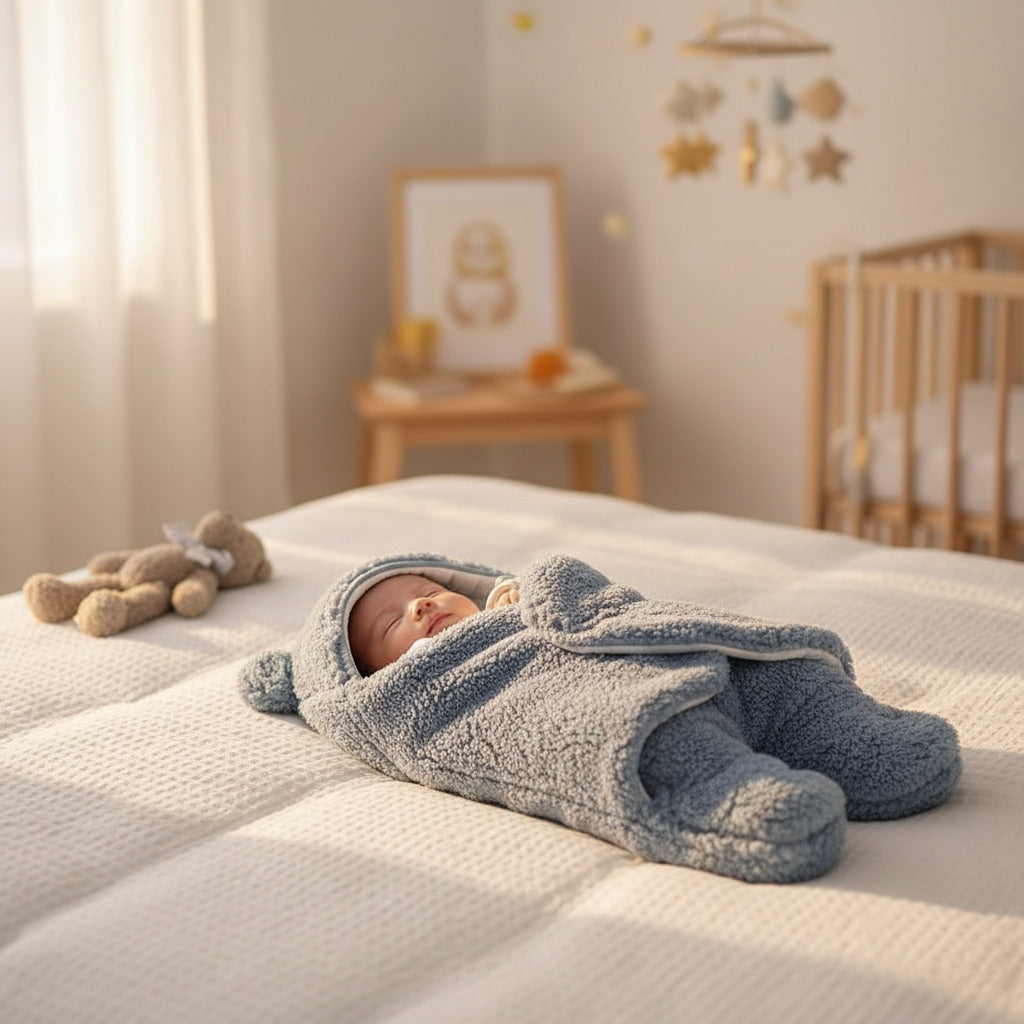 Baby wrapped in a blue fluffy swaddle with a teddy bear on a white background