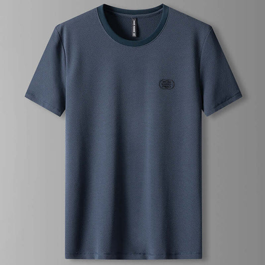 Men's Ice Silk T-shirt in navy, showcasing a minimalist design with breathable fabric and soft texture.