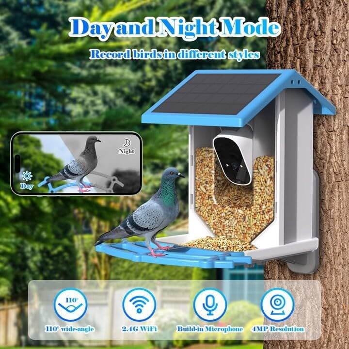 Smart bird feeder with solar camera, showcasing day and night recording features and a bird enjoying seeds.