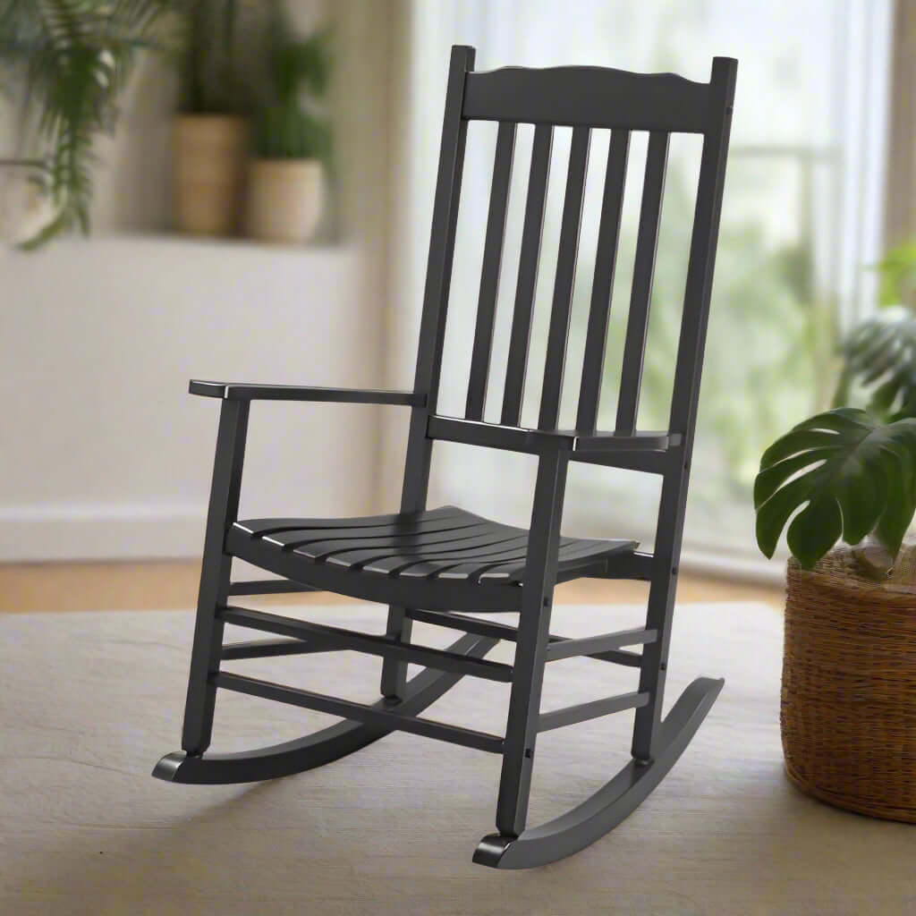 Elegant wooden rocking chair with armrests, ideal for indoor and outdoor relaxation in any space.