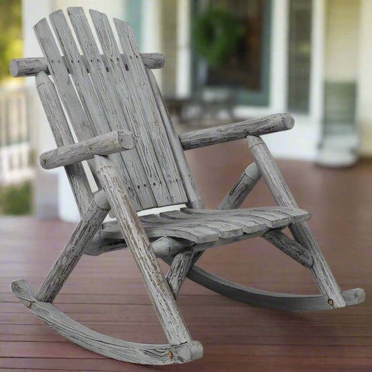 Wooden rocking chair with a weathered gray finish on a white background