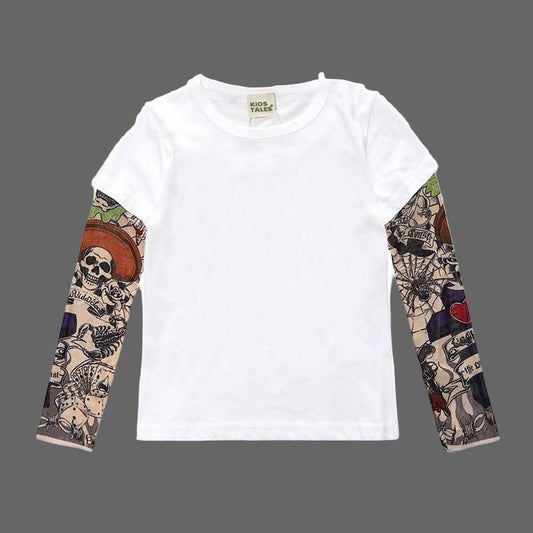 White long-sleeve shirt with tattoo sleeves on a white background