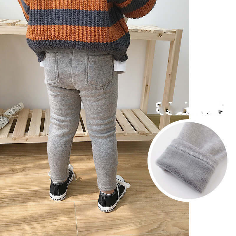 Stylish grey boys' and girls' jean leggings, perfect for play dates and adventures, showcasing soft and stretchy fabric.