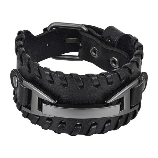 Genuine Leather Macrame Bracelet Braided For Men Jewelry Leather Punk Accessories PU Adjustable Bracelet in black with metallic accents.