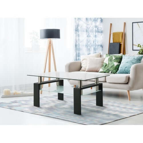 Rectangle glass and black metal coffee table in a modern living room with a cozy sofa and stylish decor.