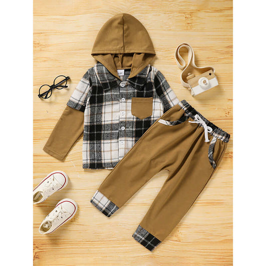 Toddler boy plaid hoodie and pants set, perfect for playtime or casual wear.