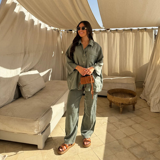 Women’s Casual Loose Fit 2 pc Cotton Linen Pant Set green