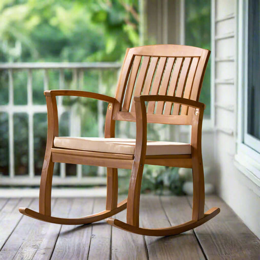 Elevate your outdoor space with our exquisite Rocking Chair with Cushion. Crafted from resilient acacia wood, this chair is perfect for long-lasting use.