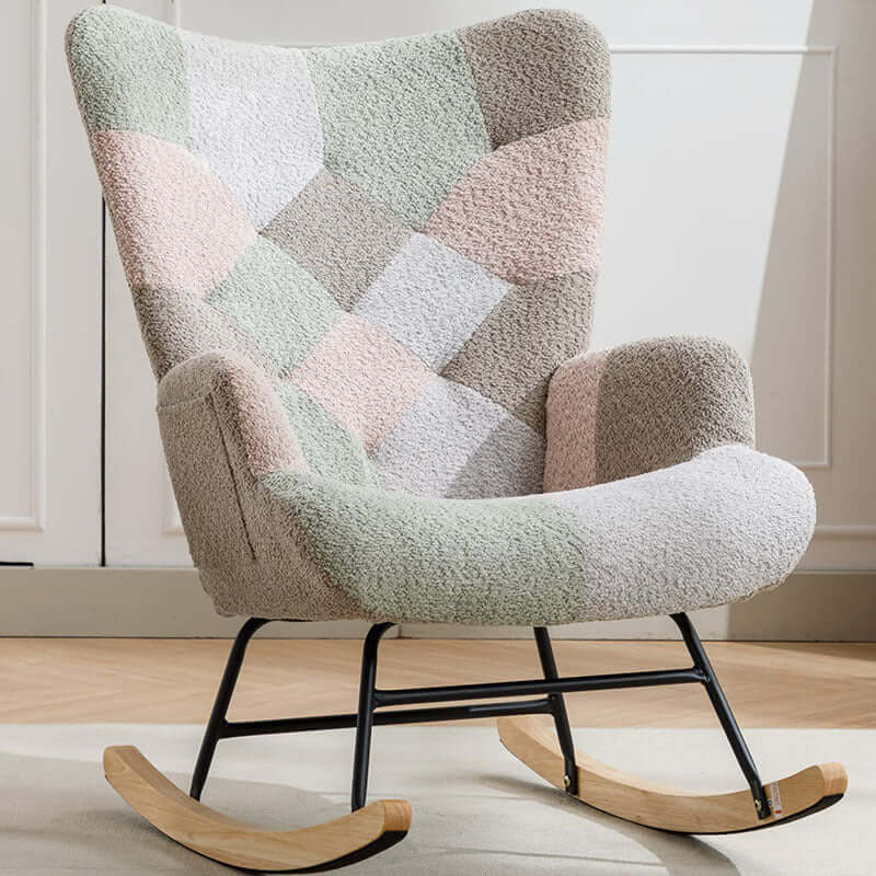 Modern Patchwork Accent Rocking Chair with solid wood armrest and feet. Perfect for comfort and style in any room. Shop now!