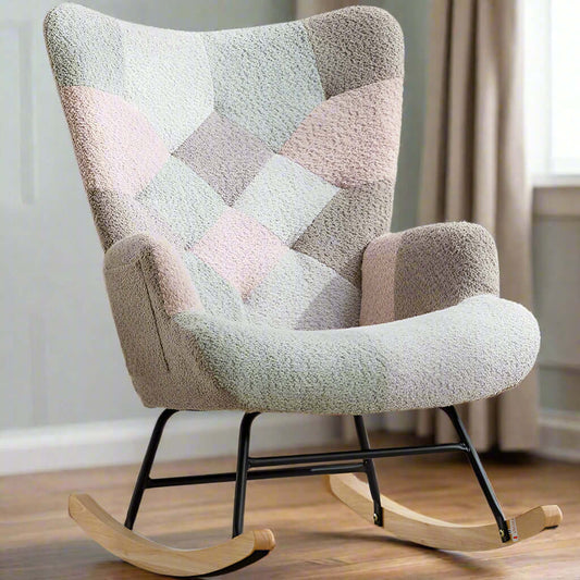 Modern Patchwork Accent Rocking Chair with solid wood armrest and feet. Perfect for comfort and style in any room. Shop now!