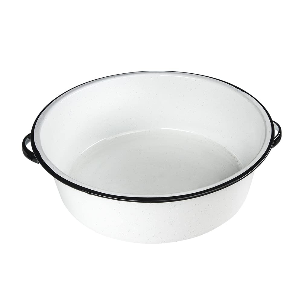 White enamel bucket with black handles on a white background