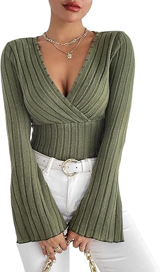 Women's V-neck long sleeve top in olive green with ribbed pattern and bell sleeves, perfect for versatile styling.