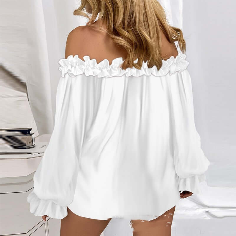 Elegant women's off-shoulder long sleeve top in white, featuring ruffled details and a soft, breathable polyester fabric.