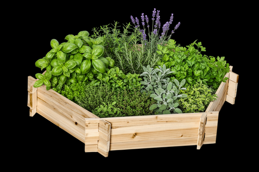 Hexagon screwless raised garden bed filled with vibrant flowers, designed for easy setup and durable gardening.