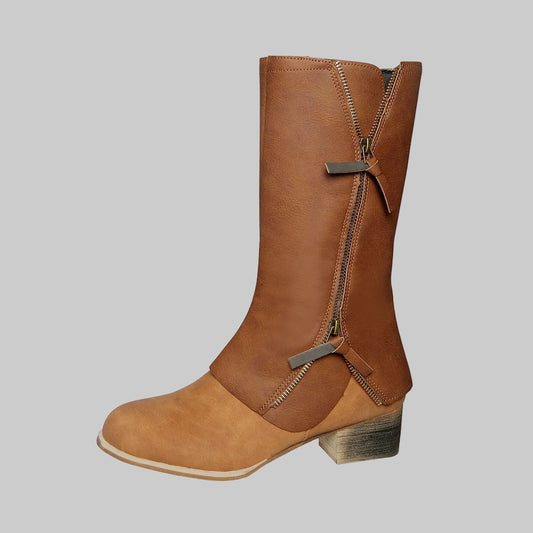 brown boot with side zipper in beige background
