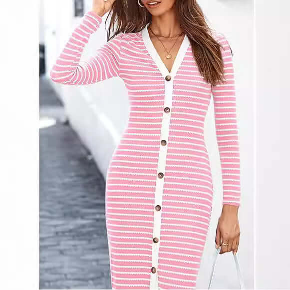 Women's long sleeve midi dress in pink and white stripes with button-down design, perfect for versatile occasions.