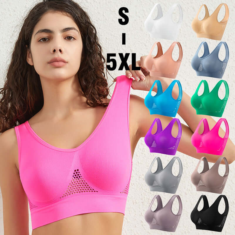 Non-underwire breathable sports bra in pink with various colors available, sizes S to 5XL, designed for ultimate comfort.