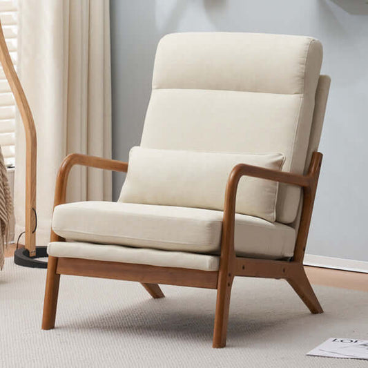 Stylish indoor-outdoor lounge chair with solid wood frame and comfortable cushions, perfect for relaxation.