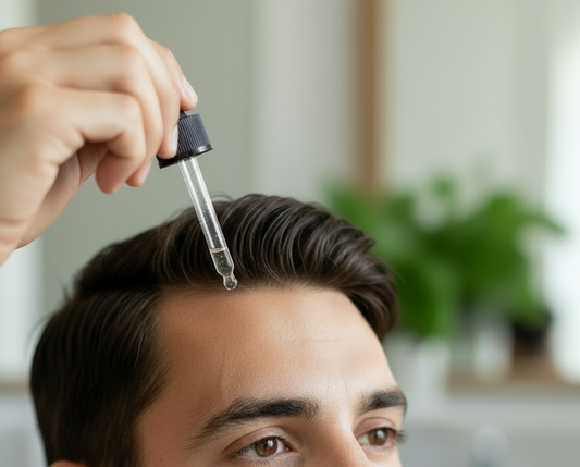 Hair growth encouragement serum in brown glass bottle with dropper on a gray plate with green leaves and plants in the background
