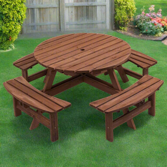 Spacious 8-person wooden picnic table with round top and built-in benches, perfect for outdoor dining.