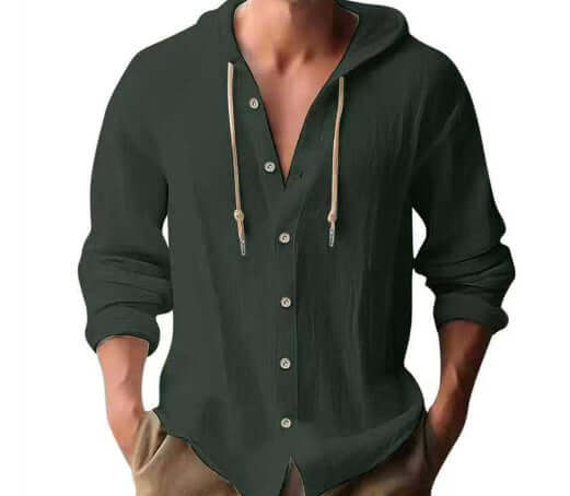 Men's cotton and linen hooded shirt, perfect for casual outings and stylish comfort.