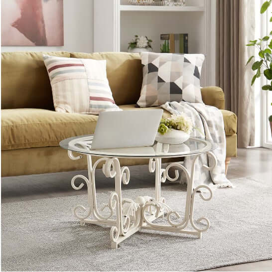 Round Tempered Glass Coffee Table with Metal Leaf Shape Base, Perfect for Living Room, Home, Office and sunroom.