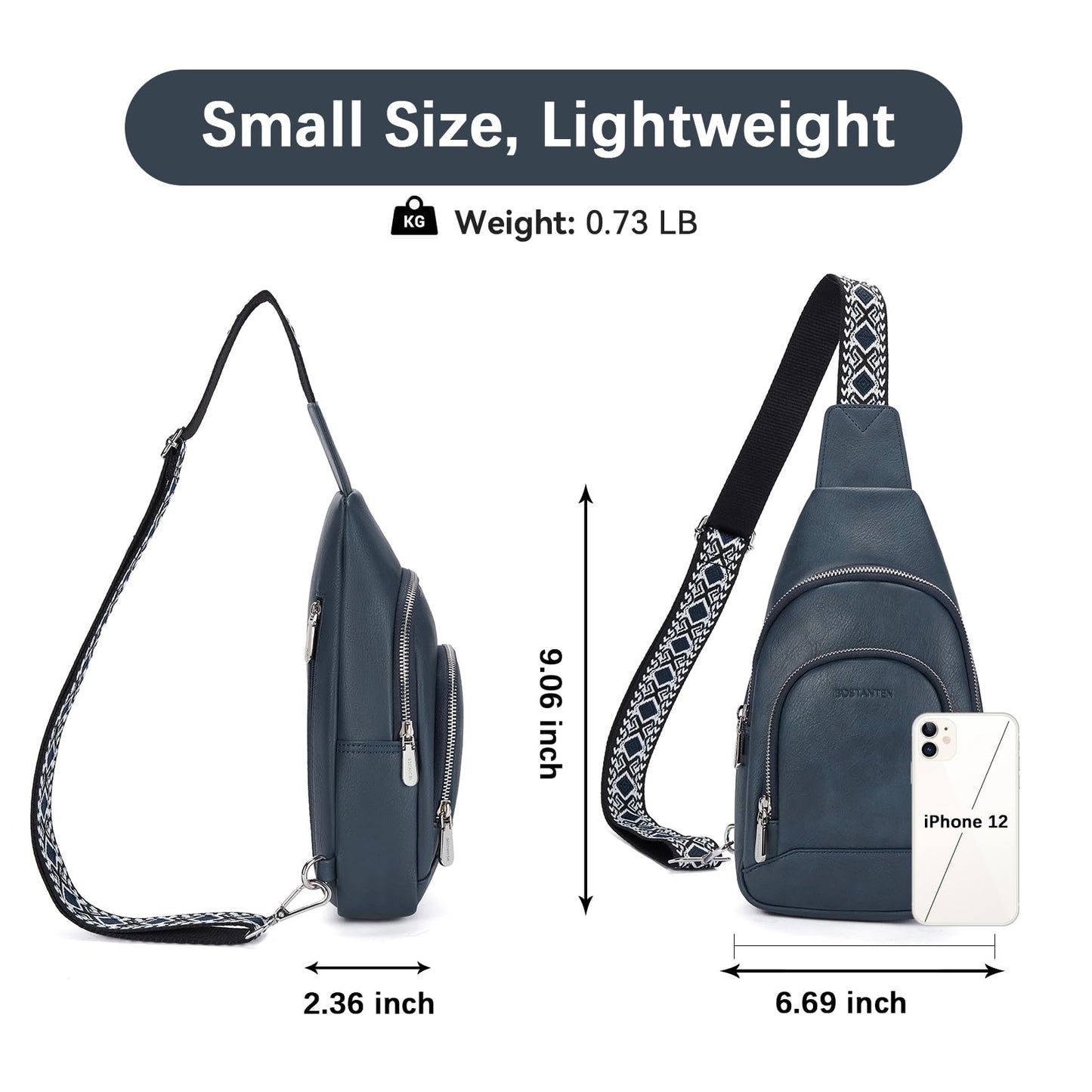 "Sponsored" Brand: BOSTANTEN Color: A-deep Blue Large Capacity, Stay Organized - This leather sling bag has 4 Zip pockets. The well-organized space accommodates your wallet, phone, sunscreen, cosmetics, keys, cards, and other necessary items. The five car