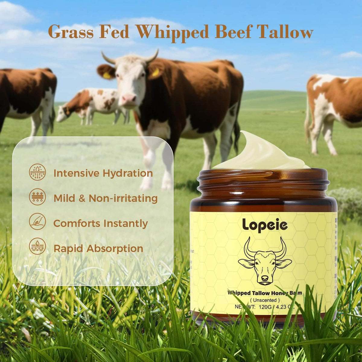 Whipped Beef Tallow & Raw Honey Moisturizer by Lopeie | Face & Body Cream | 4.23 oz