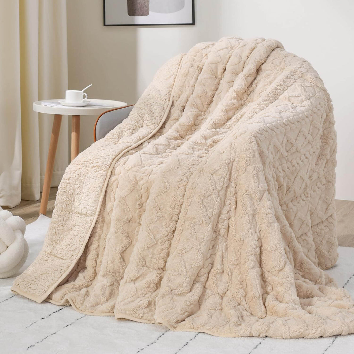 Weighted Blanket | Queen Size 15 lbs | Sherpa & Jacquard Beige