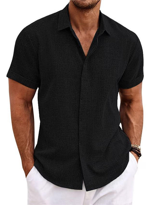 Men's linen short-sleeve t-shirt in black, relaxed fit with short sleeves and a standing collar, perfect for warm weather.