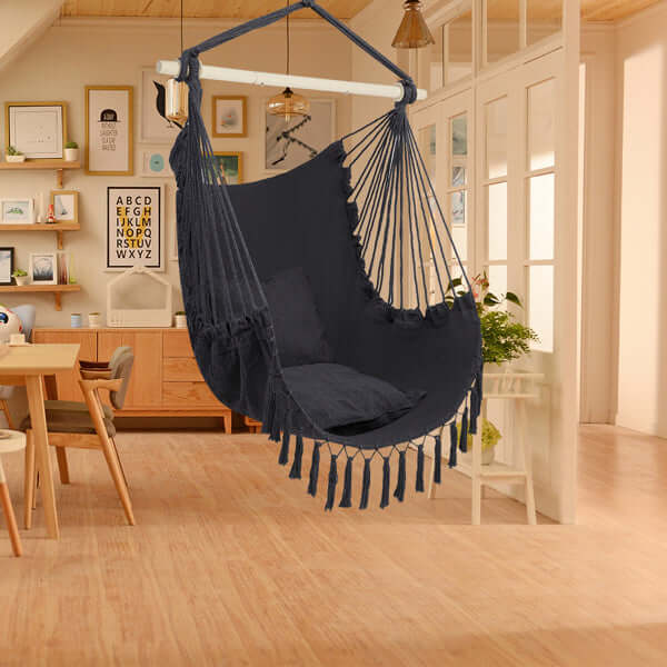 Elevate your outdoor experience with our Gray Fringe Hanging Chair. Lightweight, portable, and easy to set up for ultimate comfort.