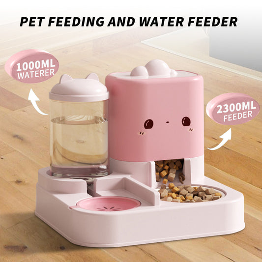 Pet feeding and water feeder with 1000ml waterer and 2300ml feeder on a wooden floor.