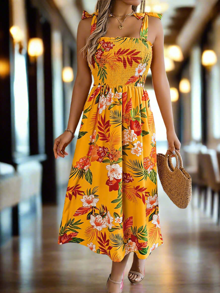 Women's Flowers Print Midi Summer Ruched Dress
