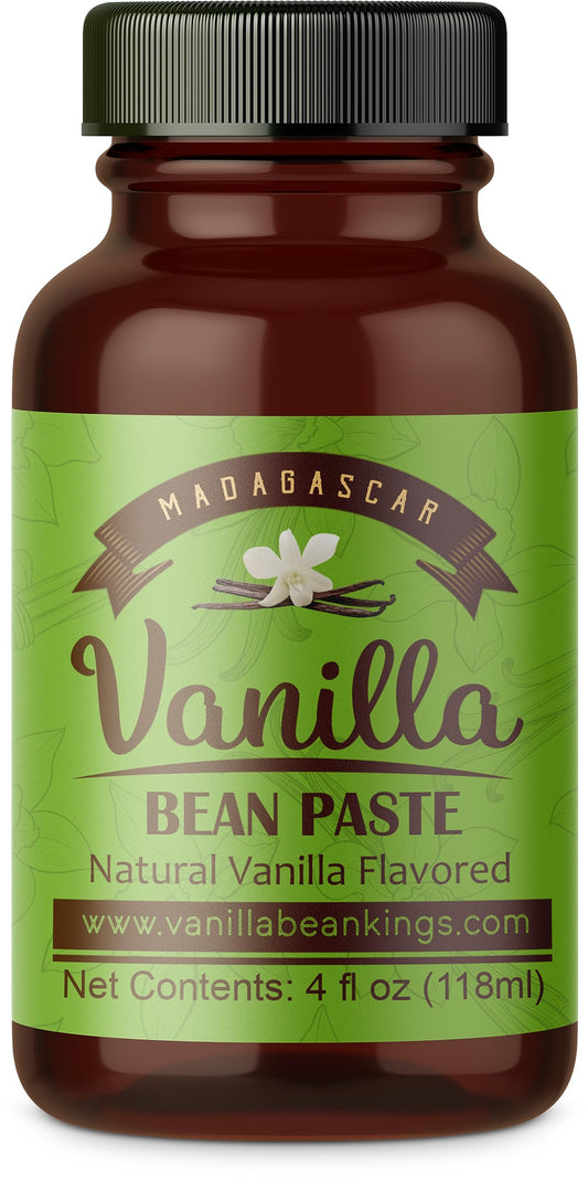 Vanilla Bean Paste in a brown glass jar, 4 oz size, featuring premium Madagascar Bourbon vanilla flavor.