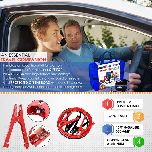 "Commission Eligible" Brand: FIRST SECURE Color: Blue Details: TRAVEL WITH THE PEACE OF MIND YOU AND YOUR LOVED ONES DESERVE When you’re in an emergency roadside situation, the last thing you want is a car care kit filled with cheap, unreliable tools that