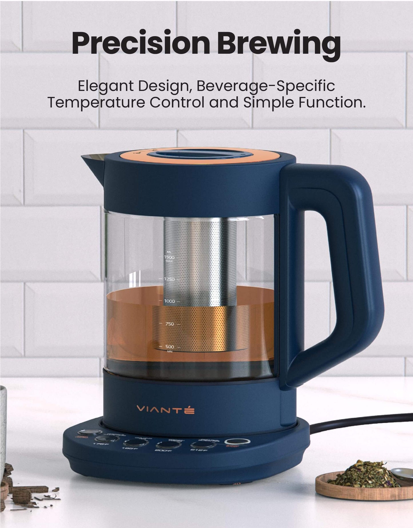 Discover the Vianté electric kettle with infuser, perfect for loose leaf tea. Enjoy temperature control and automatic shut-off for a perfect brew.