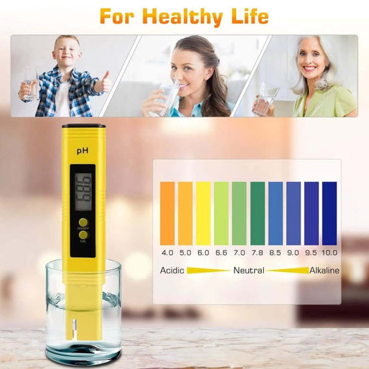 PH meter LCD pocket water tester displayed in a glass of water, promoting healthy living with pH accuracy.