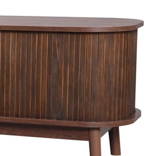 Rustic rattan entertainment unit showcasing refined wood tones and intricate details for a stylish living space.