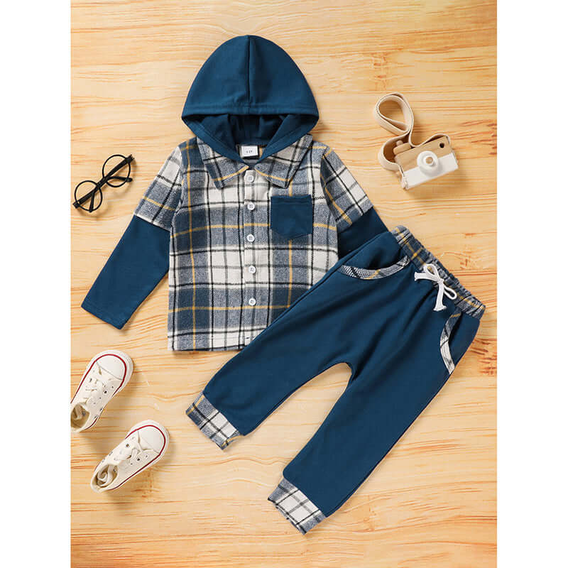 Toddler boy plaid long sleeve hoodie and pants set for active play, featuring soft fabric and elastic waist for comfort.