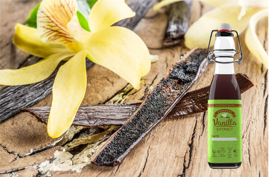 Homemade vanilla extract kit featuring Madagascar vanilla beans and a glass swing top bottle, ideal for cooking.