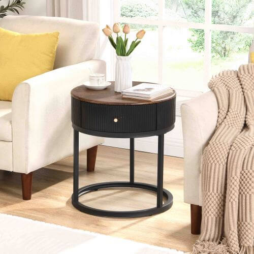 Small space round table with drawers, perfect for living room or bedroom, featuring modern design and practicality.