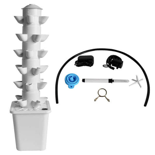 White hydroponic planting system with accessories for indoor and outdoor gardening, promoting soil-less cultivation and water efficiency.