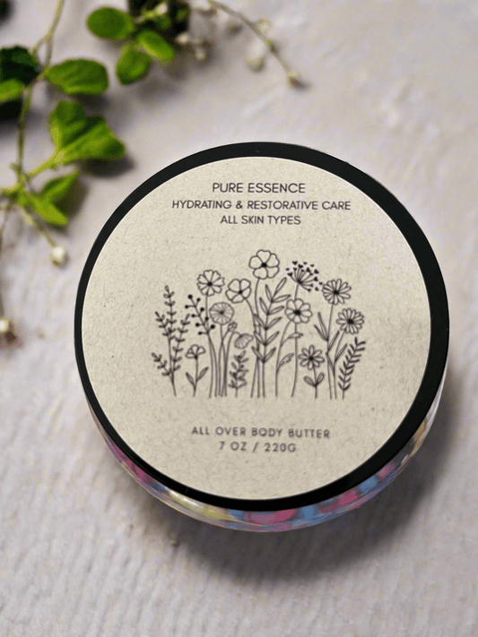 All over body butter container with botanical design and text on a light background