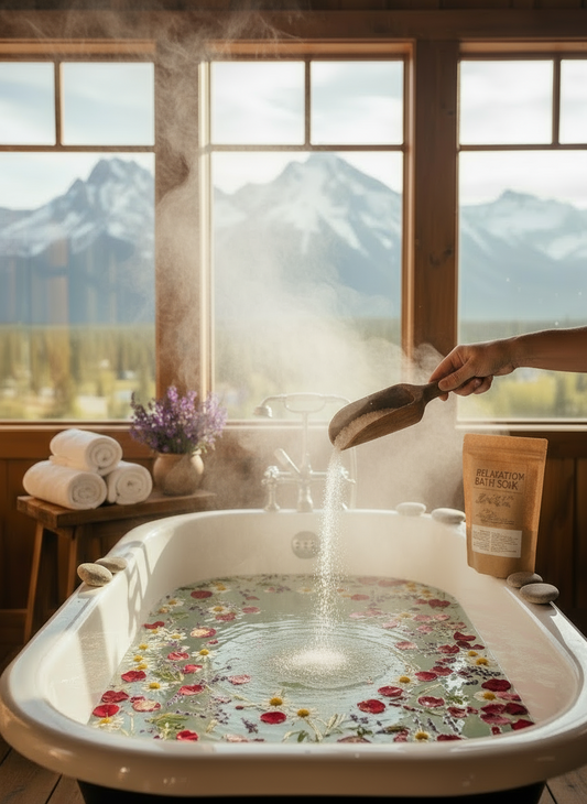 Relaxation bath soak package with botanical illustration on a wooden surface with purple flowers.