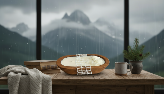 Wooden table with a white candle, mug, and books against a mountainous background
