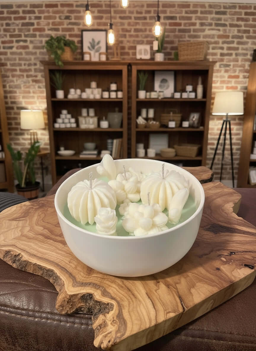 Mood Enhancing Glass Candles in a decorative bowl with floral designs on a rustic wooden table.